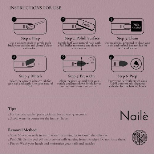 Instructions for using Amber Glow Squoval Press-On Nails, illustrating steps for application and removal.