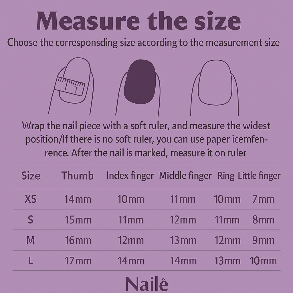 Size measurement guide for Amber Glow Squoval Press-On Nails, detailing dimensions for each finger size.