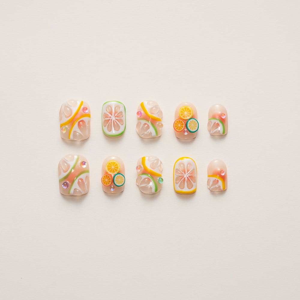 Vibrant Citrus Carnival Press-On Nails: Fruity Summer Squoval Manicure Set for Tropical Vibes