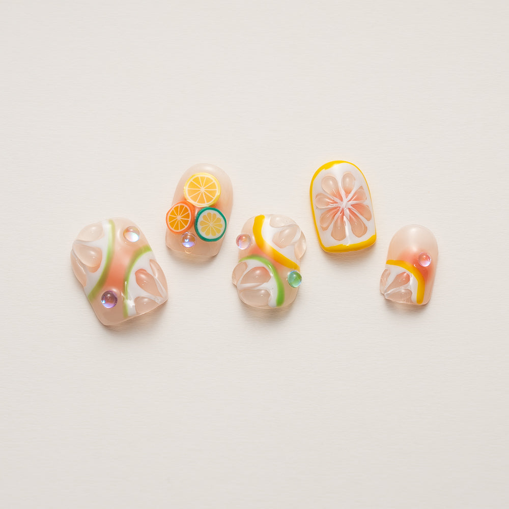 Vibrant Citrus Carnival Press-On Nails: Fruity Summer Squoval Manicure Set for Tropical Vibes