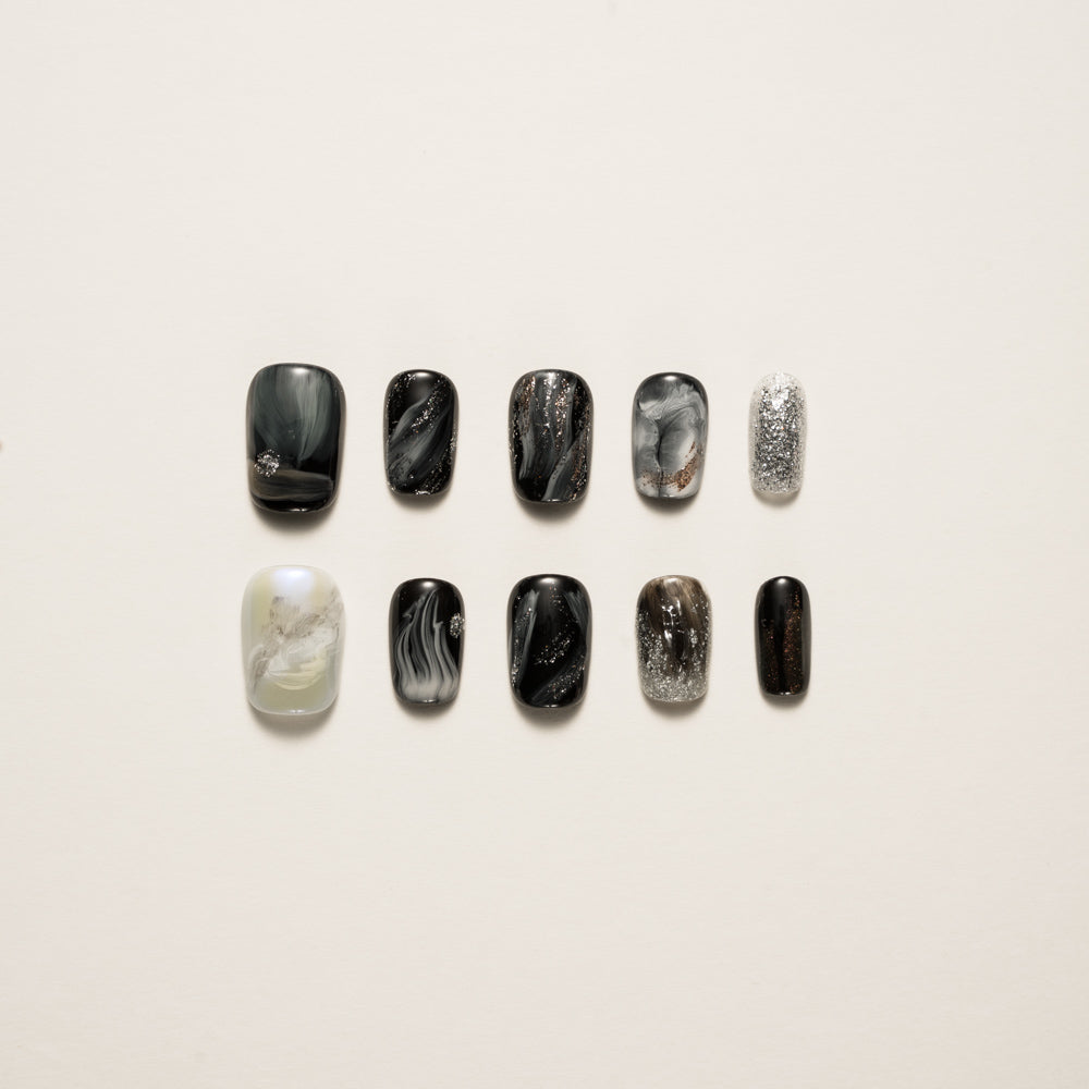 Galaxy Marble Black Press-On Nails with Glitter | Celestial Reusable