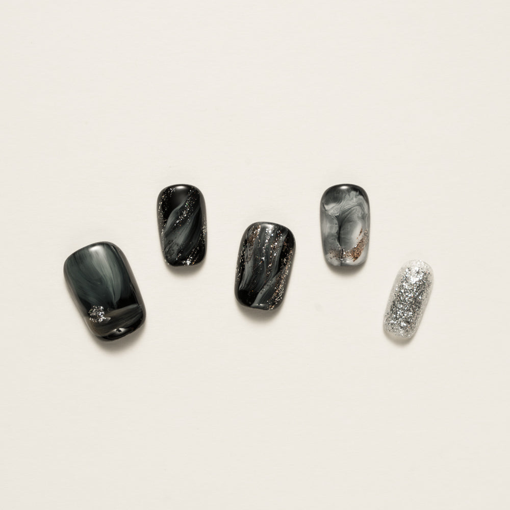 Galaxy Marble Black Press-On Nails with Glitter | Celestial Reusable