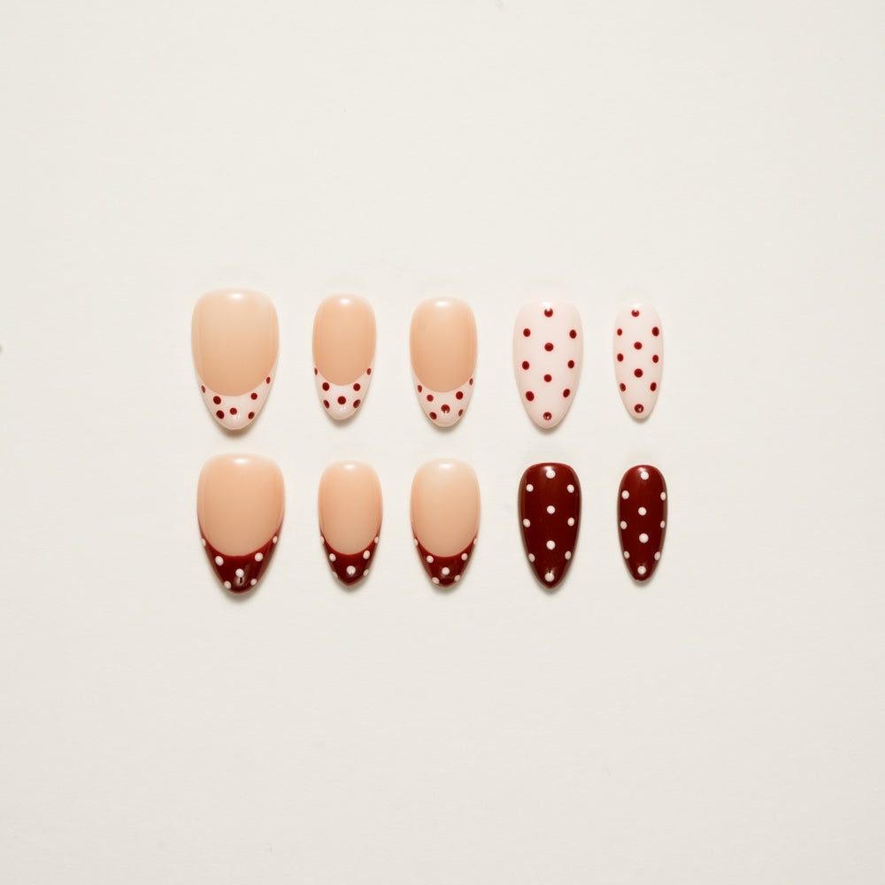 Retro Polka Dot French Press-On Nails (Red & Nude) | Reusable Ready-to-Wear
