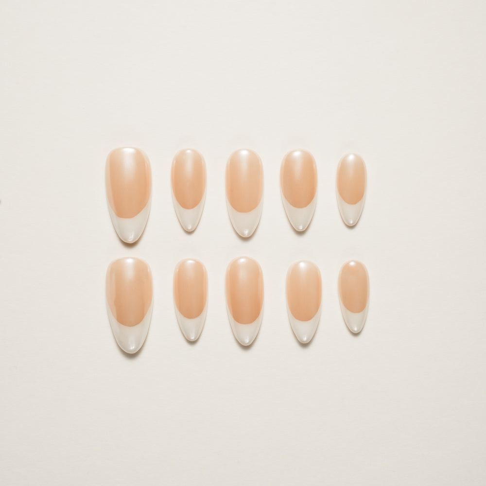 Elegant Almond Shaped Nude Press-On Nails with Classic White French Tips - Reusable & Easy to Apply