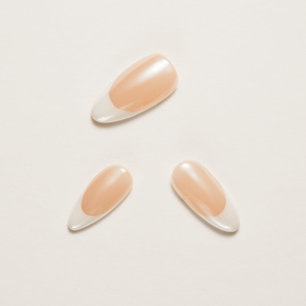 Elegant Almond Shaped Nude Press-On Nails with Classic White French Tips - Reusable & Easy to Apply